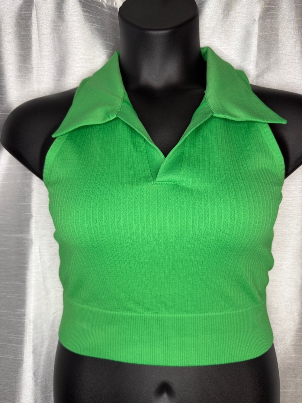 Diane Von Fistenberg Sleeveless Top Ribbed Green Johnny Collar Stretch Large New